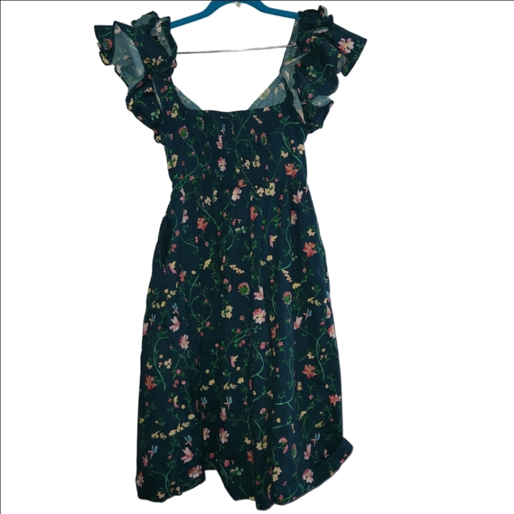 Hill House Ava Dress Moody Floral V-Neck Ruffle Neck Teal Floral Midi M - Picture 3 of 6